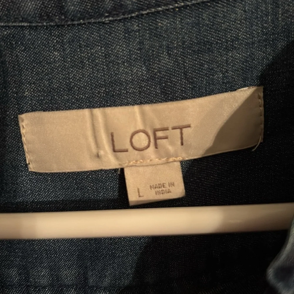 LOFT denim button up shirt with ruffle. L - Picture 3 of 5